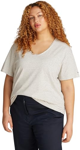 Tommy Hilfiger Damen T-Shirt Kurzarm Modern Linen mit V-Ausschnitt, Mehrfarbig (Calico/Dark Night Navy STP), 54