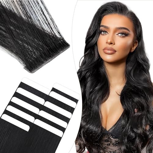 Elailite Tape Extensions Echthaar #1 Schwarz, 10 Stück Unsichtbar Kleber Haarverlängerungen 20g, 30cm Genähtes Haar Glattes Invisible