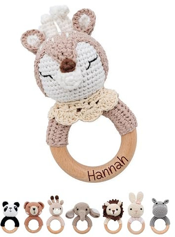 Bärenfreunde® - Personalisierter Beißring Baby - Niedlicher Greifling für Baby's ab 0 Monate - Babyrassel mit Name als Baby Geschenk für Mädchen und Jungen (Reh beige Kragen,ohne Name)