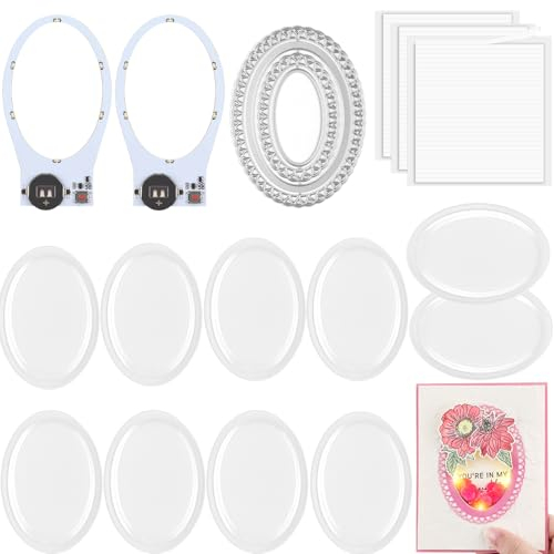 Lot de 19 matrices ovales lumineuses pour la fabrication de cartes, 10 dômes shaker, 2 lumières faciles pour la fabrication de cartes lumineuses, 4 pièces de matrices de découpe en métal pour la