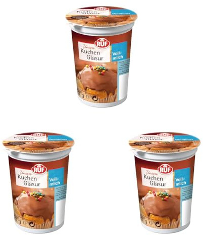 RUF Kuchen-Glasur Vollmilch-Schokolade, 500g im XXL Becher, mikrowellengeeignet, zum Glasieren & Dekorieren von Plätzchen, Muffins & Kuchen, glutenfrei (Packung mit 3)