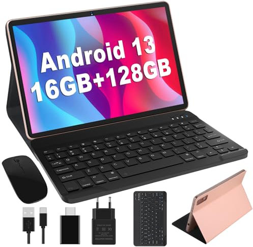 JUSYEA Tablet 10 pollici Android 13, Octa-Core MT8183 16GB RAM + 128GB ROM (1TB TF), WLAN 5G + 2.4G, GPS, Bluetooth 5.0, Cast, 13MP + 5MP, Batteria 8000mAh, Tastiera e Mouse, Corpo in Metallo, Oro