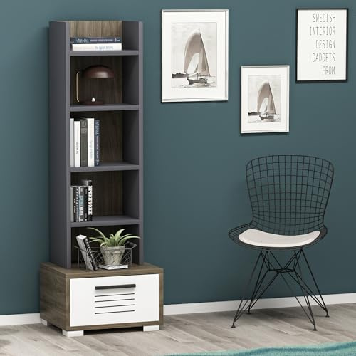 Hanah Home Modern Bookshelf with Numerous Shelves, Walnut & White/Anthracite, 35 cm W x 152.2 cm H x 25.6 cm D | 100% Melamine Coated, 18 mm Thick | Stylish Storage Solution