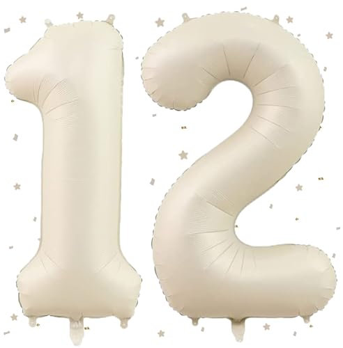 UDRKFOPK Beige Luftballon 12,Zahlen Luftballon Beige,40 Zoll Folienballon 1&2,Beige Zahlenballon 12 Helium Ballon Luftballon 12 Geburtstag für 12th Geburtstagsdeko Mädchen Junge Jubiläum Party Deko