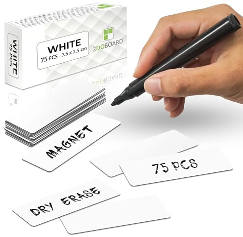 2DOBOARD Magnetstreifen beschreibbar - 7,5 cm x 2,5 cm Weiß - 75 Stück - Magnetschilder zum beschriften – Für Kühlschrank, Whiteboard & Tafel - Magnetetiketten