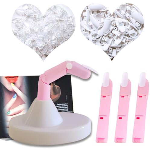 Pink Adjustable Practice Hand for Acrylic Nails - 3 Pcs Practice Fingers with 200 Pcs Nail Tips (White/Transparent) - Professional Nail Art Model for Manicure and Nail Design