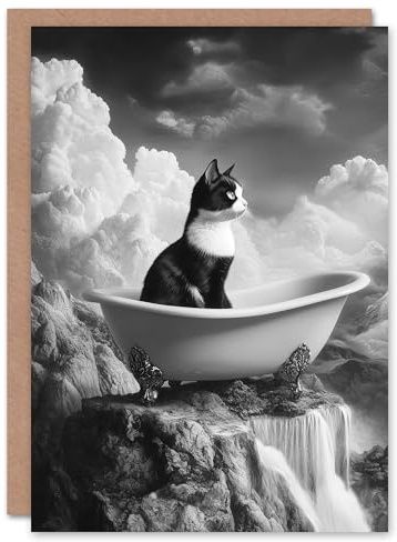 Artery8 Greeting Card Cat Lover Kitten Bathtub Waterfall Cliff Surreal Blank For Him Or Her Art Birthday Card