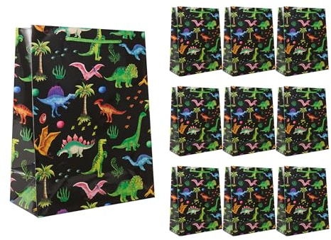 Idena 90244 - Geschenktüten Dinos, 10 Stück, Geschenktaschen in der Größe 18 x 23 x 8 cm, Schwarze Papiertüten mit Dinosauriern