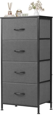 Sweetcrispy Kommode Schrank mit 4 Stoffschubladen, Aufbewahrungsschrank für Schlafzimmer Flur Wohnzimmer, Stabiler Rahmen, verstellbare Füße, Modern Grau