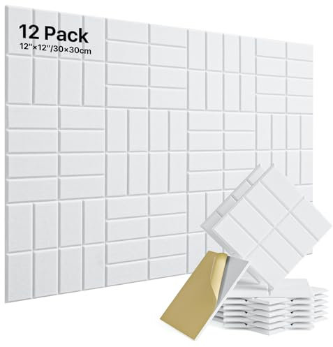 Acoustic Wall Panels 12 Pack Sound Proofing Panels Self-adhesive, High Density Acoustic Panels Soundproofing, Soundproofing Panels for Ceiling, Recording Studios, Home Office 30x30x0.9cm White