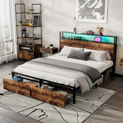 Merax 4FT6 Double Bed,Metal Frame 135x190cm,with LED Light Strip, Drawer on Wheels, and 3 USB Ports, Durable Wrought Iron Youth Bed for Adults & Teenagers Black+Walnut - without Matress