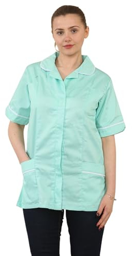 Grunge Wear® Womens Healthcare Nurses Uniform Tunic Top, Ladies Comfortable Durable Medical Workwear Short Sleeve, Collared Button-Up Shirt Dress (Mint, 20)