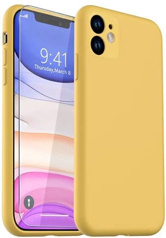CASELIVE for iPhone 11 Case, Liquid Silicone Case with [Tempered Glass Screen Protector] Full Body Shockproof Soft Anti-Scratch Phone Case for iPhone 11 6.1 inch (Yellow)