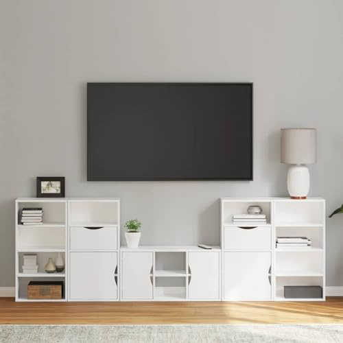 HETFTJN 5-TLG Wohnwand ODDA Weiß Massivholz Kiefer 79x40 cm TV-Schrank Lowboard mit Beistellschränken Modularer Stauraum Modernes Design für Wohnzimmer