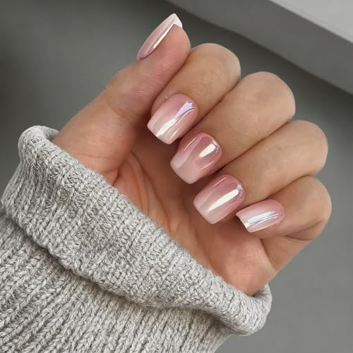 Ombre Pink Press On Nails Short - SXVME Chrome Press On Nails Square, Mirror Sparkle Gel Fake Nails Press on, Cute Glitter French Glue on Nails Short, Natural Small Stick On Nail for Women