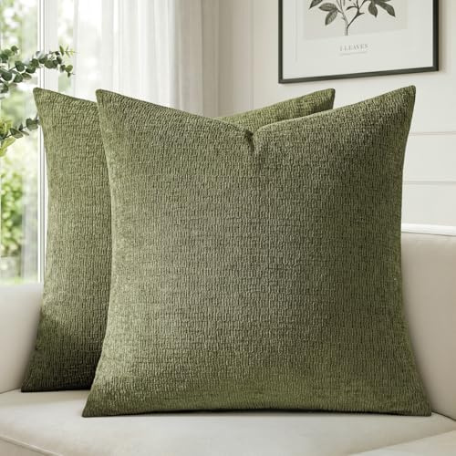 a moment Kissenbezug 50x50 cm Olivgrün Chenille 2er Set mit dezenter Struktur Weiche Kissenbezüge Flauschige Dekokissenhülle Waschbare Kissenhüllen für Sofa Couch Wohnzimmer Schlafzimmer