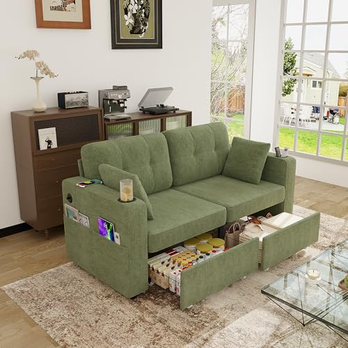 FammyLoft Sofa 2 Sitzer mit Versteckten Stauraum, Eckcouch mit USB-C, Kleines Sofa mit Getränkehaltern und Seitentaschen, Zwei Schubladen, Geeignet für Wohnzimmer/Schlafzimmer/Wohnungen, Olive