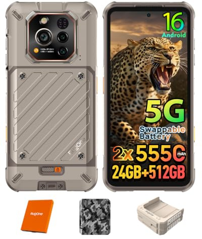 RUGONE Xever 7 AI Smartphone Rugged 5G, Telefono Indistruttibile con Batteria Rimovibile (2×5550 mAh), 24GB +512 GB/SD-2TB, 64 MP Visione Notturna+50 MP OIS/EIS, Android 15, 6,67 120Hz AMOLED, eSIM
