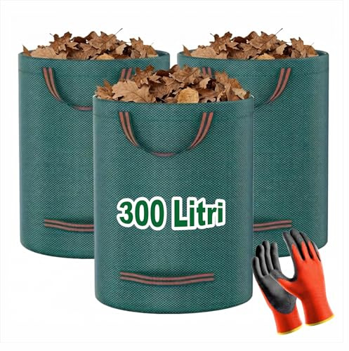 Meridiana 300 Litri Sacchi per Rifiuti da Giardino Resistenti 3pz | Guanti in Regalo, Sacchi giardinaggio Riutilizzabili 4 Maniglie, sacco foglie giardino TNT Industriale per Foglie Rifiuti