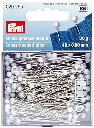 Prym Glaskopfnadeln, 0,80 x 48mm, weiß, 30g, Karte mit Dose, Stahl, 48 x 0,8mm