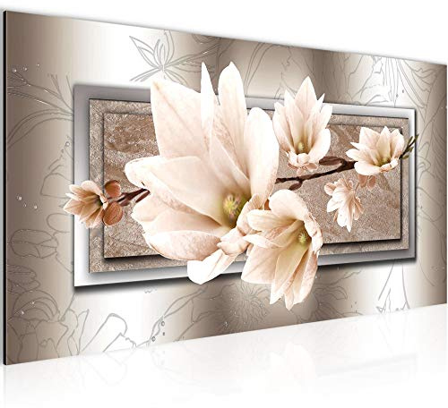 Runa Art Wandbild Blumen Magnolien 1 Teilig 100 x 40 cm Modern Bild auf Vlies Leinwand Abstrakt Wohnzimmer Beige Braun 205712c