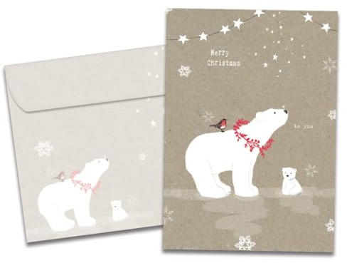 Tree-Free Greetings Holiday Greeting Cards, Polar Bear Merry Christmas, Vintage Brown Recycled Paper, Boxed Note Card Set, 10-Pack (HB93300)