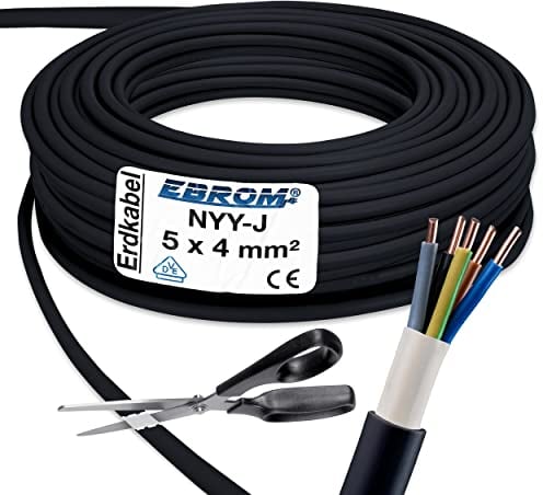 EBROM Erdkabel NYY-J 5x4 mm² - Starkstromkabel - PVC Erdleitung - schwarz - Meterware auf den Meter genau - Auswahl in 1 Meter Schritten, viele Längen - NYY-J 5x4 mm2 - Ihre Länge: 30 Meter