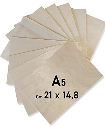 Wood Lab 50 x A5 Panneaux en Bois contreplaqué Bouleau 3 mm (± 0,5 mm) 21 x 14,8 cm A5 | Planches en Bois Brut pour Bricolage,pyrographe,CNC, Laser, Gravure (50)