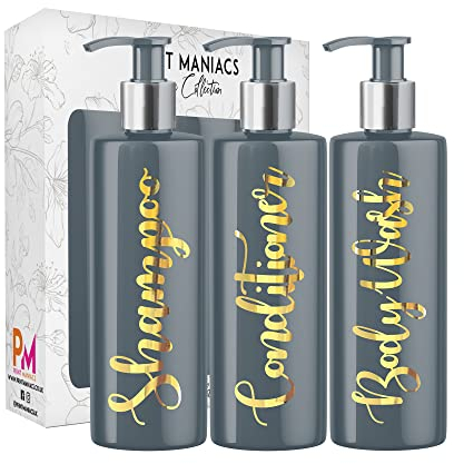 Print Maniacs 3 Set Mrs Hinch Inspired Grey Personalised 500ml Dispenser Pump Bottles Shampoo Conditioner Body Wash (Gold)