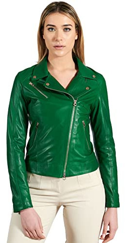 D'Arienzo Chiodo Pelle Verde Donna Biker Giubbotto Moto Vera Pelle Made in Italy Kbc XS/Verde