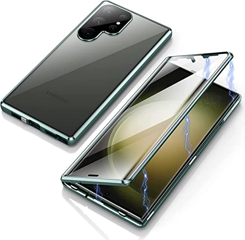 Hülle für Samsung Galaxy S23 Ultra 5G, Magnetische Metallrahmen Handyhülle 360 Grad Full Body Vorne hinten Gehärtetes Glas Schutzhülle Einteiliges Ultra Dünn Flip Transparente Cover