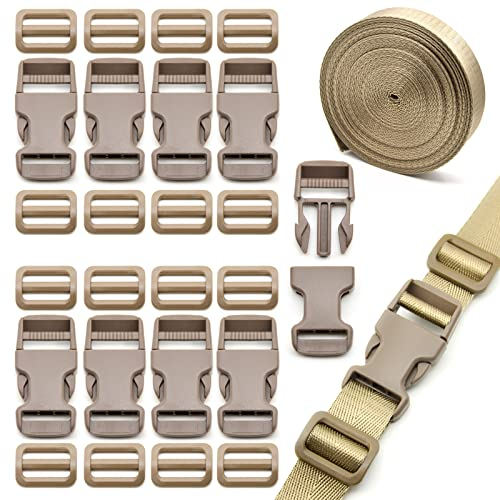 Eviznbou 10M Gurtband 25mm Nylon Gurtband mit 10 Paar Kunststoff Schnallen, 20 Tri-Glide-Schieber für Rucksack Gepäckgurten Tasche Hundehalsband Rucksackersatz (Bräunen)