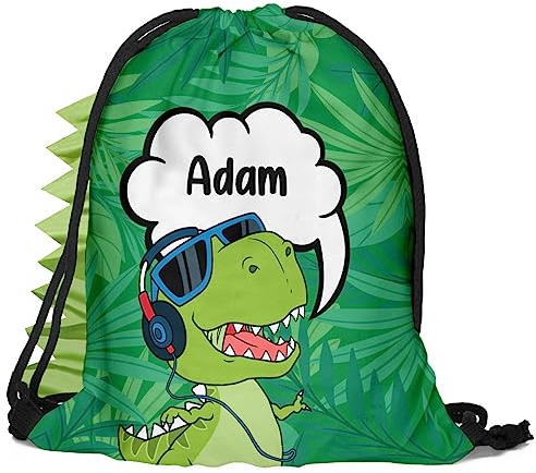 Kinder Turnbeutel mit Namen Bunte Beutel Fullprint Tasche Gymsac 30 x 40 cm cm Print Bag Fitness Jungen Dino T-Rex mit Grat [010]