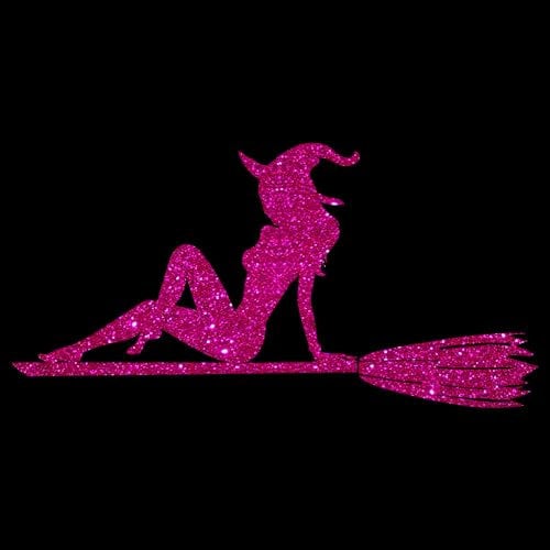 Glitzerdeals Iron-On Transfer Glitter Halloween Witch on Broom Pink Iron-On Patch for Textiles Carnival Costume Witch Fancy Dress Patch for Iron On Witch