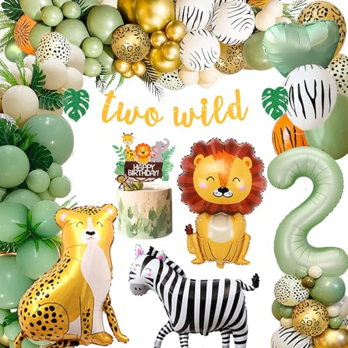 Geburtstagsdeko 2 jahr,Deko 2. Geburtstag Junge Mädchen, Kindergeburtstag 2 Jahr Deko,Luftballons 2. Geburtstag, Safari Dschungel Dekoration,Wild Two Geburtstag Deko