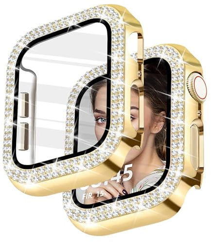 Newlibery Glitzer Diamanten Hülle für Damen, Kompatibel mit Apple Watch 40 mm, Hart PC Bumper Case mit HD Gehärtetes Displayschutz Folie für iWatch Series 4/5/6/SE - Gold 40mm