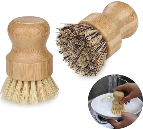 SSyang 2 Piezas Juego de Cepillos Redondos para Lavaplatos Cepillo para Ollas de Madera Cepillo Ollas de Fibra Natural Cepillo Duradero Sin Tratar De Madera de Haya Mango para Ollas Cepillo Fregar