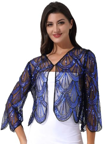 Xnihocha Damen Pailletten Bolero Kurze Strickjacke 3/4 Ärmel Schulterjacke Festlich Jäckchen Shrug Top für Hochzeit Patrykleid