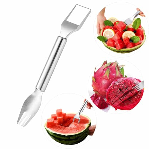 Cortador de sandía, rebanador de sandía, cortador de frutas de acero inoxidable 2 en 1, herramienta de corte de sandía, cortador de tenedor de sandía más nuevo de 2024 para cocina casera