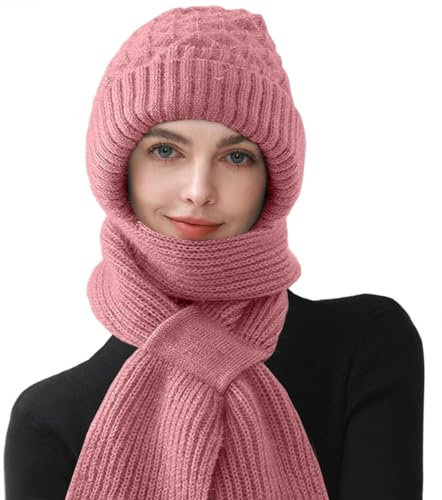 CheChury Knitted Hat with Integrated Scarf - Women's 2 in 1 Winter Fleece Lined Beanie Hooded Cap with Windproof Ear Protection, Pink