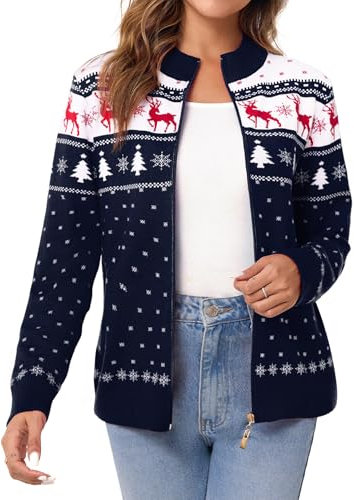 Sykooria Womens Christmas Tree Reindeer Snowflake Print Zip Cardigans for UK Casual Warm Knitwear Jacket Front Full Long Sleeve Sweater Outerwear, Navy Blue L
