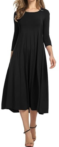 HOTOUCH Dress for Women Elegant Tunic Dress Round Neck Casual Dresses 3/4 Sleeve A Line Dresses Classic Midi Dress with Pockets Black L