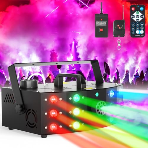 Hakuta Fog Machine,Smoke Machine with 12 LED Colorful Beam Light DMX Light Control & Manual Control & Wireless Remote Perfect for Indoor Outdoor Wedding, Halloween, Party and Stage Effect
