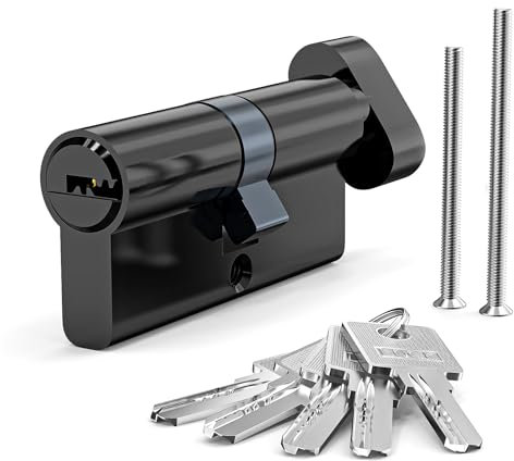 MANICAF Cilindro 30/30, cerradura de cilindro europeo, cerradura con pomo y cerradura de seguridad para puerta de casa, cerradura de cilindro de 60 mm con 5 llaves de latón (negro)
