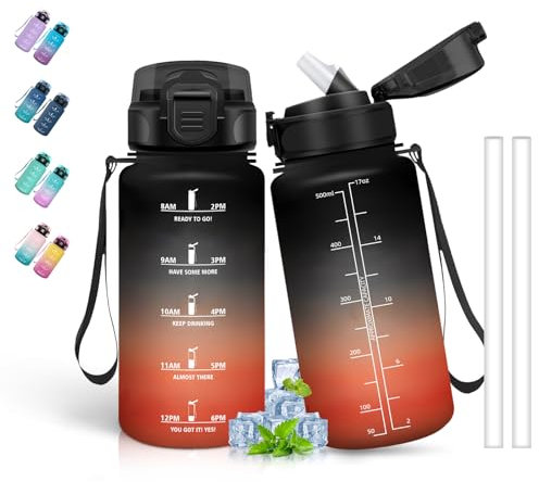 Gourde, 500ml Gourde Enfant, Gourde avec Paille, Anti-Fuite, Facile à Nettoyer, Gourde Graduée avec Slogan de Motivation, Gourde Reutilisable pour l'École, Velo, Voyage, Bureau, Extérieur, Noir-Rouge