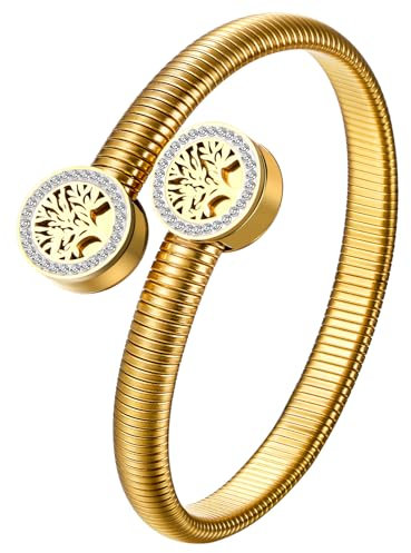 JewelryWe Lebensbaum Armreif Armband Damen: Gold Edelstahl Baum des Lebens Elastisch Offen Maschette Armreif Armspange verstellbares Stretch-Armband für Frauen Mädchen