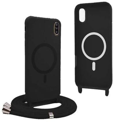 Magnetic Cover for iPhone XS/X with Lanyard, Compatible with MagSafe, Silicone Case with Adjustable Neck Strap Nylon Chain Necklace – Black