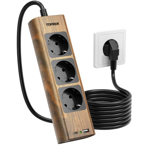 Regleta de 3 enchufes de aspecto de madera con USB C, enchufe múltiple de pared, regleta de enchufes con protección contra sobretensiones, 2300 W/10 A, enchufe múltiple con interruptor, cable de 1,5 m