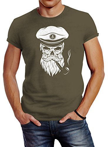 Neverless Herren T-Shirt Totenkopf Kapitän Captain Skull Bard Hipster Original Spirit Seemann Slim Fit