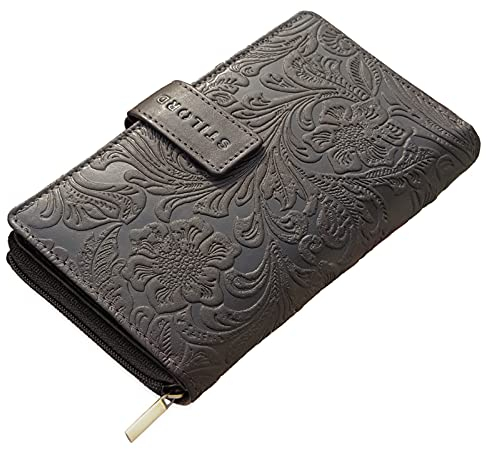 STILORD 'Greta' Vintage Damen Geldbörse Leder Portemonnaie Blumen Muster Große Geldbörse Lianen Gross Quer 13x EC-Karten und Kleingeld aus Rindsleder, Farbe:Canyon - braun